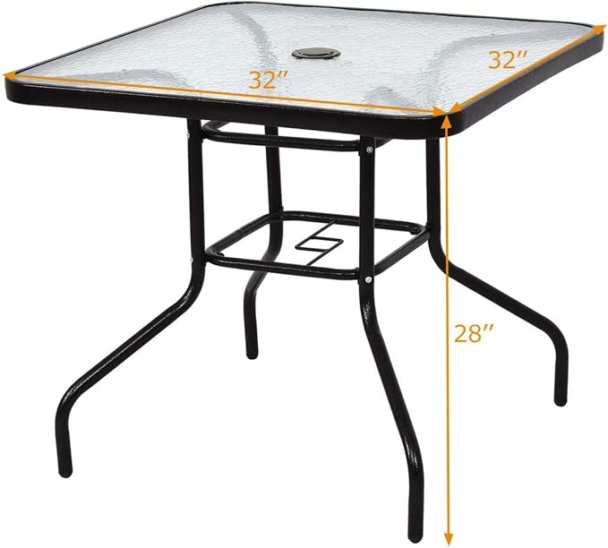 Tangkula 32-Inch Square Patio Dining Table with Tempered Glass Top, Metal Frame Outdoor Bistro Table with Umbrella Hole, Outside Table for Garden Poolside Balcony Yard