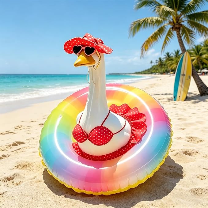 STONESTAR Hawaiian Porch Goose Outfits with Hat Sunglasses & Swim Ring, Summer Bikini Goose Outfit Clothes Costume Fits 23" Cement Geese Statue, Summer Garden Lawn Patio Yard Outdoor Decor
