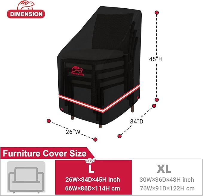 Turtle Life Patio Stackable Chair Cover, Heavy Duty Waterproof Outdoor Furniture Stacking 4-8 Chairs Covers, Anti-Fading Cover for Bar Stool Chair, Black, 26" W x 34" D x 45" H