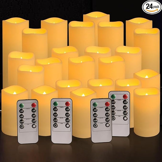 YOROXRG Set of 24 Waterproof Outdoor Flameless Candles, LED Candles with 4 Remote and Timer,(H 4" 5" 6" x D 2.2"),for Halloween Wedding Festiv