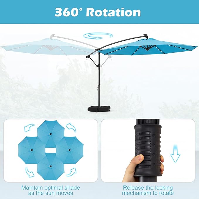 Tangkula 10ft Solar Patio Umbrella with Base Included, Offset Cantilever Outdoor Umbrella with 32 LED Lights, 360 Degree Rotation, Crank Handle for Pool Deck Garden Backyard (Turquoise)