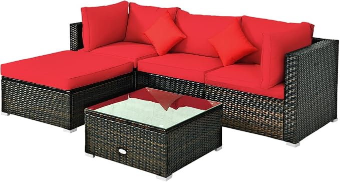 RELAX4LIFE 5-Piece Rattan Sofa Set - Wicker Conversation Set w/Armless Sofa, 2 Corner Sofas, Ottoman, Tempered Coffee Table, All Weather Outdoor Furniture Set for Patio, Poolside, Yard (Red)