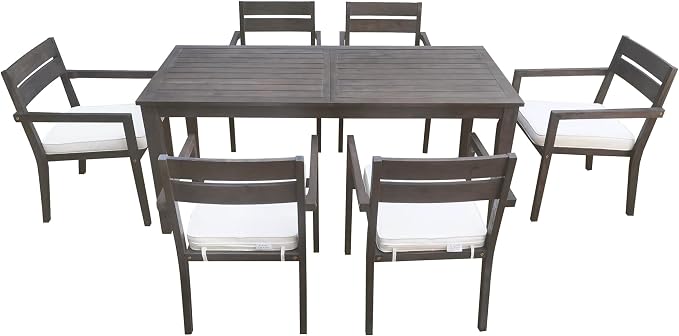 7 Pieces Outdoor Acacia Wood Dining Table Set for 6 with 70.9" Rectangular Table and 6 Chairs, Modern Patio Dinner Set with Cushion for Backyard, Garden, Poolside or Indoor, Antique Gray