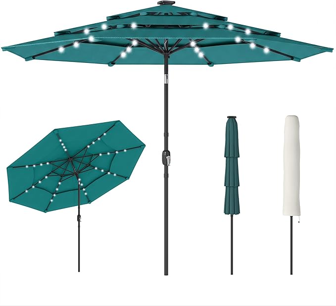 Outsunny 9.7 ft Outdoor Patio Umbrella with 32 Solar LED Lights, 3 Tier Outdoor Table Market Umbrella with Tilt and Crank, 8 Ribs for Garden, Deck, Yard, Poolside