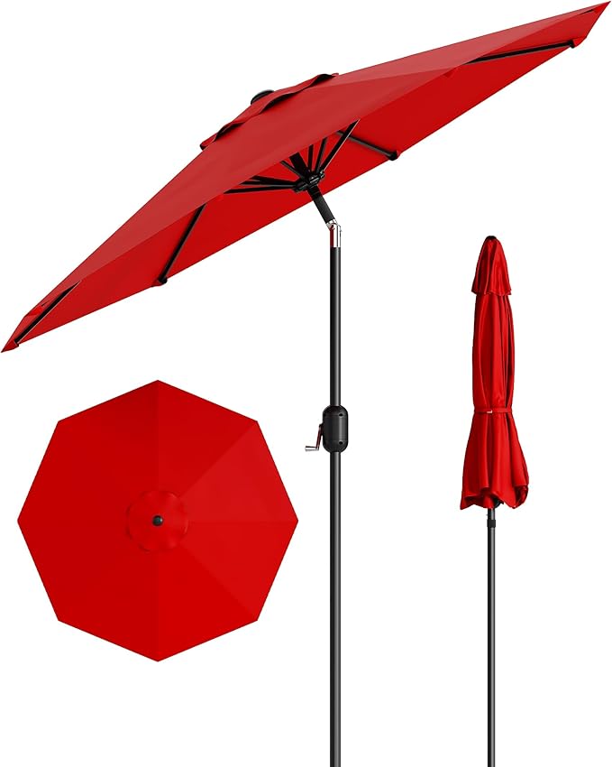 GarveeLife 9 ft Patio Umbrella, Outdoor Table Market Umbrella with Push Button Tilt and Crank, 8 Sturdy Ribs UV Protection Waterproof for Garden, Deck, Backyard, Pool (Red)
