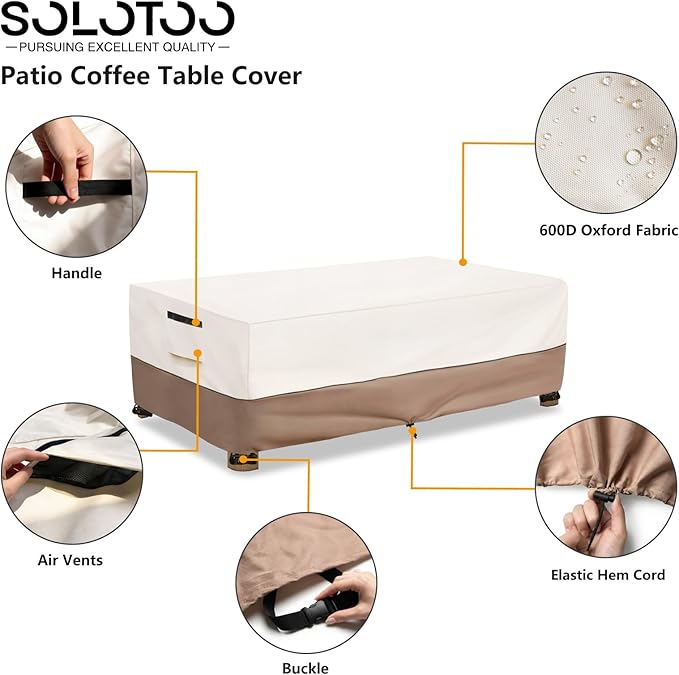 Outdoor Coffee Table Cover Waterproof, Heavy Duty Patio Rectangular Side Table Covers, 48W x 28D x 16H Inches Outdoor Tables Cover (Beige)