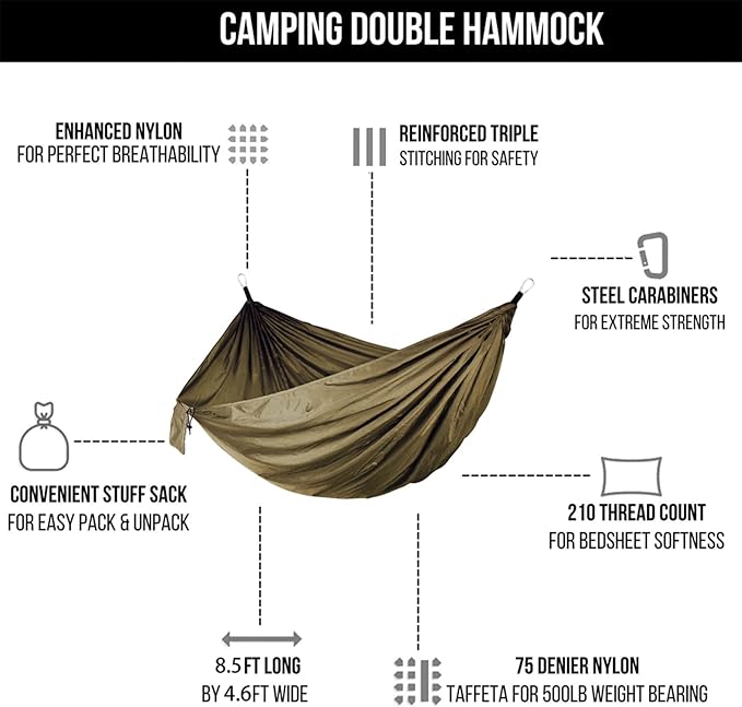 NOBRIM Camping Hammock Anti-Tear Durable Hammock Double Portable Safety Parachute Hammock with 2 Tree Straps for Adventure Travel Kit