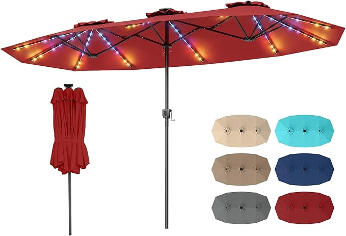 Tangkula 13 Ft Solar Patio Umbrella, Double-Sided Extra Large Outdoor Market Table Umbrella with Multi-Colored Flowing LED Lights, Crank Handle, 12 Sturdy Ribs for Poolside, Garden & Backyard (Wine)