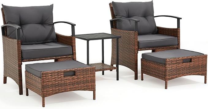 AVAWING 5 Pieces Wicker Patio Conversation Set, Outdoor Rattan Chairs with Ottoman, Metal Coffee Table, & Cushions, Outside Furniture Sets for Garden, Deck, Backyard, Poolside(Dark Grey)