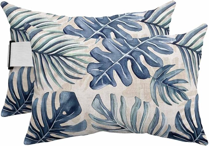 Pack of 2 Outdoor Lumbar Pillow Covers 12x20 Inch, Navy Blue Monstera Deliciosa Waterproof Throw Pillow Covers Set, Summer Botanical Tropical Vintage Decorative Cushion Cases for Patio Porch Car