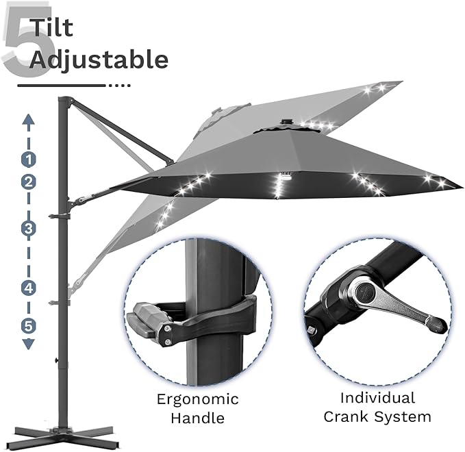 Devoko 10ft Solar LED Patio Umbrella, Round Cantilever Outdoor Umbrella with Solar Lights and 360-Degree Rotation, Large Hanging Offset Market Umbrella with Easy Tilt for Patio Deck Garden,Gray