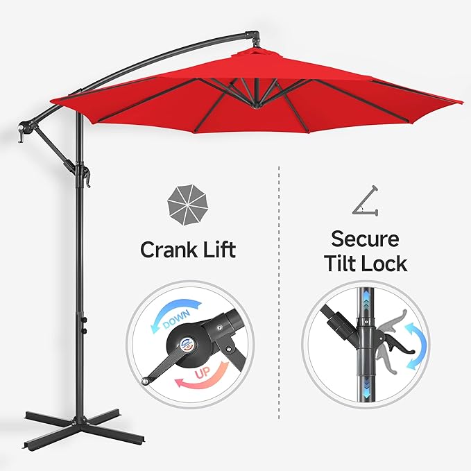 Offset Patio Umbrella Cantilever - 10 FT Cantilever Umbrella Outdoor with Crank and Cross Base, UV Protection Large Patio Umbrella for Garden, Deck, Backyard, Pool, Porch (Red)