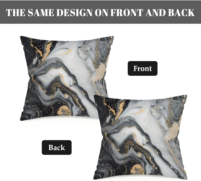 22x22 Inch Outdoor Pillow Covers Set of 2 Waterproof Throw Pillow Covers Decorative Couch Cushion Covers Black Grey Marble Square Pillowcases Protectors for Patio Garden Sofa