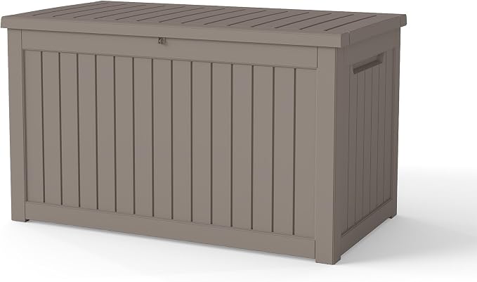 LAUSAINT HOME 240 Gallon Giant Resin Deck Box with Hydraulic Pistons - Waterproof Outdoor Storage Bench for Large Cushions, Lockable Patio Bin for Pool and Backyard (Light Brown)
