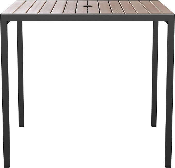 Flash Furniture Lark Outdoor Steel Dining Table - Faux Teak Poly Slatted Top - Commercial Grade Dining Table with Black Frame - 35" Square - Umbrella Holder Hole