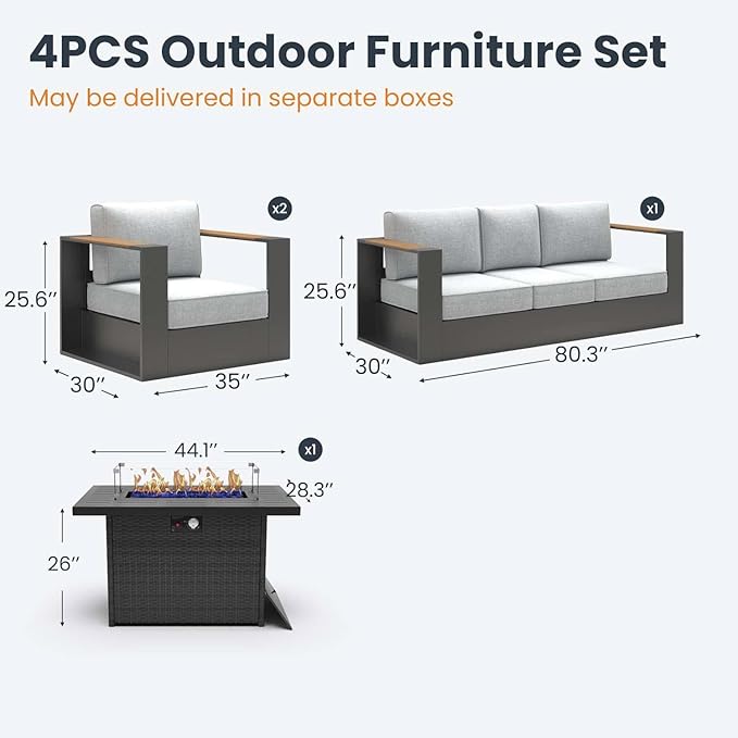 Aluminum Patio Furniture Set, 5 Seats Luxury Seating Furniture with 44" Fire Pit Table, All Weather Outdoor Conversation Sets with 6" Thickened Cushions