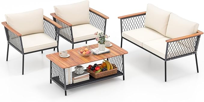 Tangkula 4 Piece Patio Furniture Set, Patiojoy Rattan Chair Set w/ 2-Tier Coffee Table, Acacia Wood Armrests & Tabletop, Soft Seat & Back Cushions, Outdoor Wicker Conversation Set