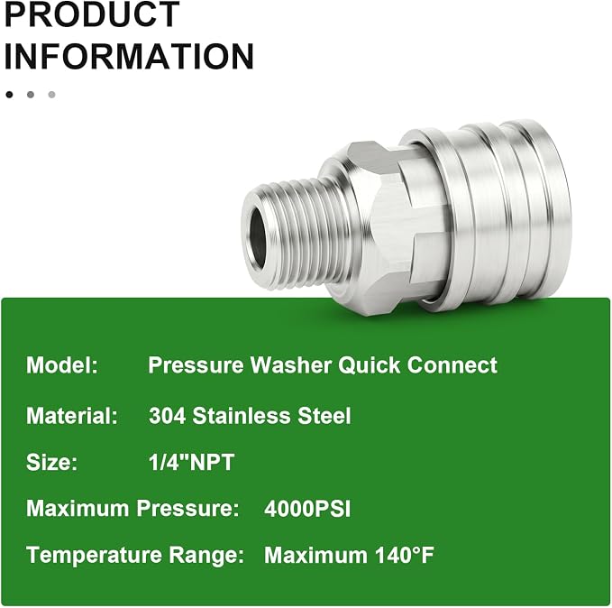 TAISHER 8PCS 304 Stainless Steel 1/4" Male NPT High Pressure Washer Quick Connect Coupler for Pressure Washing Gun Hose Accessories