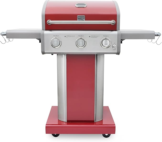 Kenmore 3-Burner Outdoor BBQ Grill | Liquid Propane Barbecue Gas Grill with Folding Sides, PG-A4030400LD-RD, Pedestal Grill with Wheels, 30000 BTU, Red