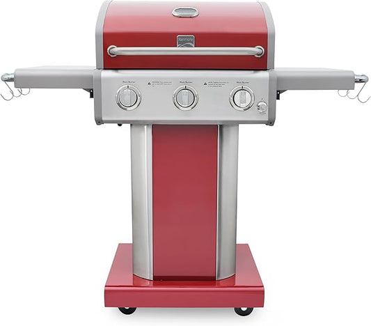 Kenmore 3-Burner Outdoor BBQ Grill | Liquid Propane Barbecue Gas Grill with Folding Sides, PG-A4030400LD-RD, Pedestal Grill with Wheels, 30000 BTU, Red