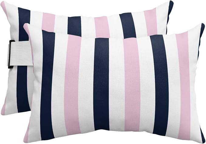Outdoor Pillows Waterproof Covers Set of 2, Navy Blue Pink Stripes Adjustable Elastic Chaise Lounge Headrest Pillow Covers, Contrast Striped Lumbar Pillow for Pool Patio Furniture 20x12 Inch