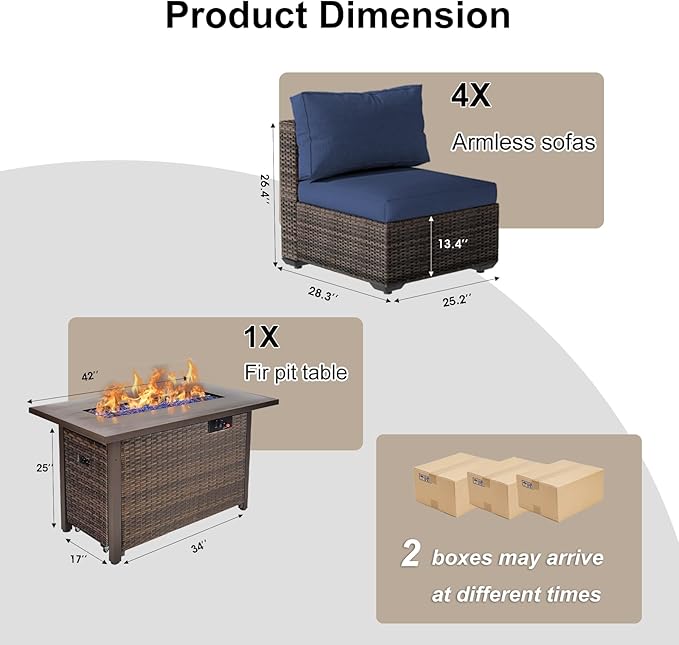 5 Pieces Patio Furniture Set with 44" Fire Pit Table, Rattan Outdoor Sectional Conversation Sets, All Weather Outdoor Furniture Set with Cushions for Garden Lawn Balcony Porch Deck Blue