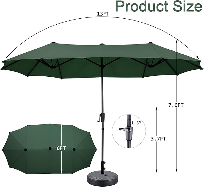 13 ft Patio Umbrella with Base, Large Rectangle Outdoor Umbrella with Matching Stand, Strap, Crank, Green