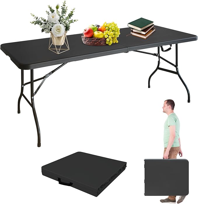Portable 6Ft Folding Table, Heavy Duty Plastic Fold-in-Half Utility Foldable Dining Table, Multi-Purpose Plastic Folding Table with Carrying Handle for Camping and Party Indoor/Outdoor (Black)