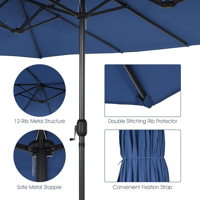 Tangkula 15Ft Double-Sided Patio Umbrella, Outdoor Extra Large Umbrella W/Hand-Crank System & Air Vents, Market Twin Umbrella W/ 12-Rib Sturdy Metal Frame for Poolside, Garden Backyard (Navy)