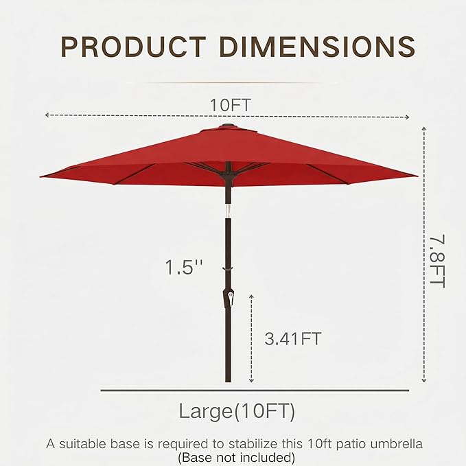 Kingdura 10FT Outdoor Patio Umbrella, Market Table Umbrella with Push Button Tilt and Crank, 8 Sturdy Fiberglass Ribs, UV Protection for Pool, Lawn, Deck, Backyard, Garden (Red)