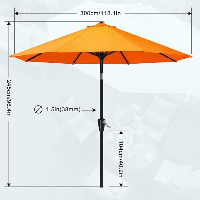 MASTERCANOPY 10FT Patio Umbrella with Push Button Tilt and Crank, Outdoor Market Umbrella with 8 Sturdy Ribs, UV Protection & Waterproof for Garden, Deck, Backyard, Pool (Orange)