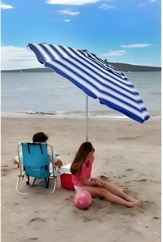 6.5ft folded Portable beach umbrella with sand anchor windproof, Push Button Tilt and Air vent UPF 50+ Protection Fits in a large Suitcase for Patio Garden Beach Pool Backyard, Blue White Stripe