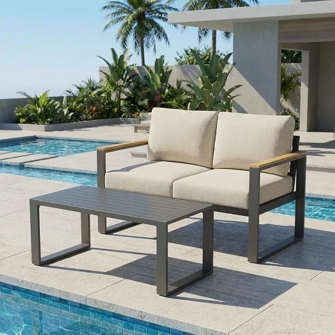 IDEALHOUSE Aluminum Outdoor Patio Furniture - 1 Pcs Loveseat and Coffee Table, All-Weather Metal Modern Outside Furniture with Washable Thick Cushion for Balcony, Garden, Deck, Backyard, Beige