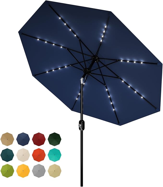 10 ft Patio Umbrella with Solar Lights, Outdoor LED Lighted Umbrella, 40 LED Lights & Tilt Crank, 8 Ribs for Poolside, Deck, Backyard