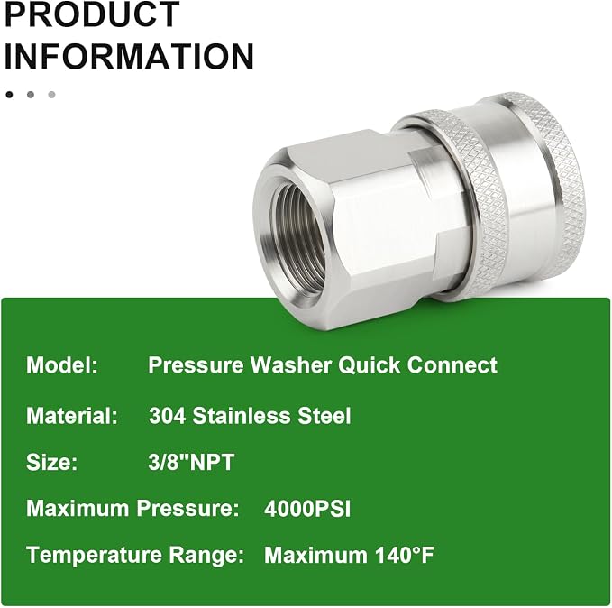 TAISHER 8PCS 304 Stainless Steel 1/4" Female NPT High Pressure Washer Quick Connect Coupler for Pressure Washing Gun Hose Accessories