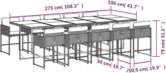 11 Piece Patio Dining Set with Cushions Black Poly Rattan Outdoor Furniture Table 10 Chairs Tempered Glass Top Foldable Storage UV-Proof