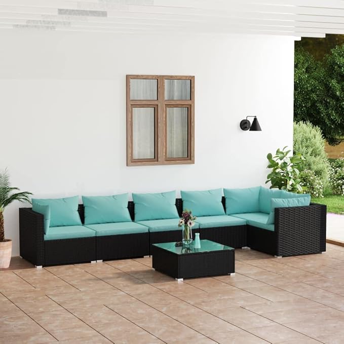 7 Piece Patio Lounge Set with Cushion, Piece Patio Set Furniture Conversation Sets Outdoor Patio Sectional Patio Lounge Set s Poly Rattan Black