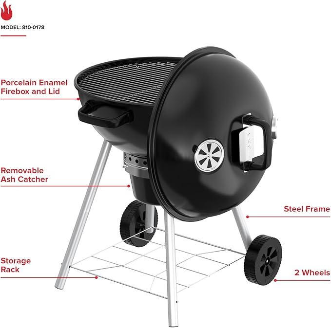 Nexgrill Premium 22.5" Charcoal Barbecue Grill with Adjustable Air Vent, Built-In Temperature Gauge, 362 SQ In Grate, Storage Rack, Portable Kettle Grill for Camping, Picnics, and More - 810-0178