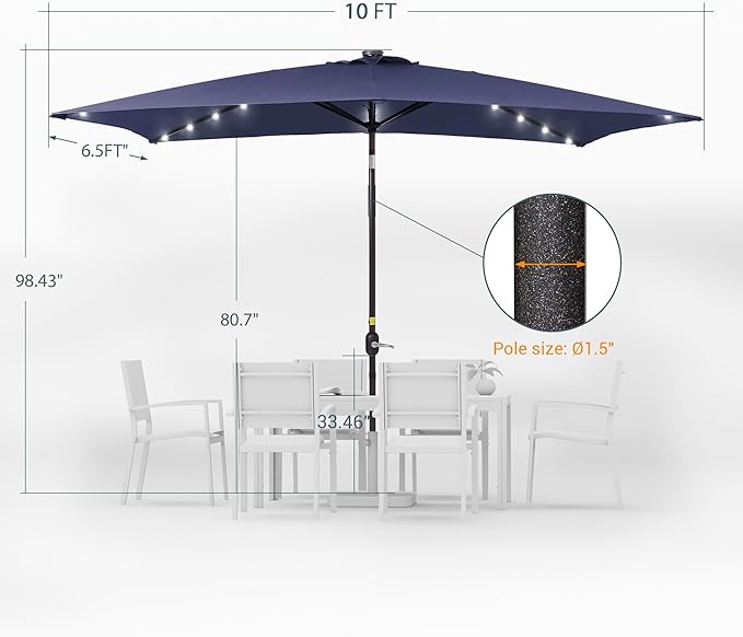 Rectangle Patio Umbrella with Solar Lights, 10 x 6.5ft Rectangular Outdoor Umbrella Table Market Patio Umbrella with Push Button Tilt and Crank for Garden, Deck, Backyard, Pool