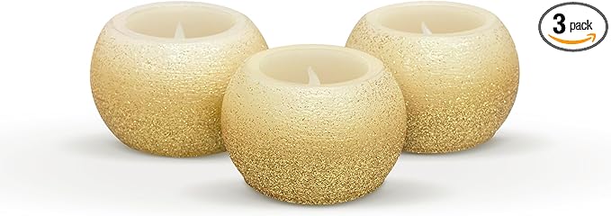 FURORA LIGHTING Small Gold Glittery Real Wax Flameless Candles, Pack of 3 – LED Flickering Small Round Candles, 2.4” x 1.6”, Battery Included, Ideal for Home Decor