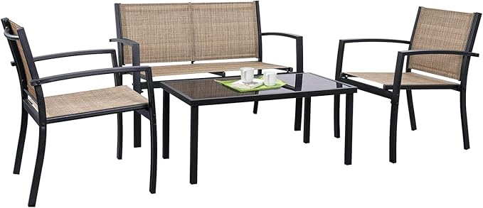 Tuoze 4 Pieces Outdoor Patio Furniture Conversation Glass Coffee Table Bistro Set with Loveseat Garden Yard Lawn and Balcony (Yellow),901DBG