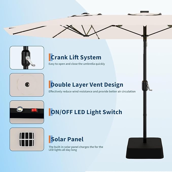 Garvee 15 ft Rectangular Patio Umbrella with Solar Lights & Base Included - Large Patio Umbrella with Crank Handle 36 LED Lights, UV Protection for Outdoor Market, Backyard, Deck, Pool, Beige
