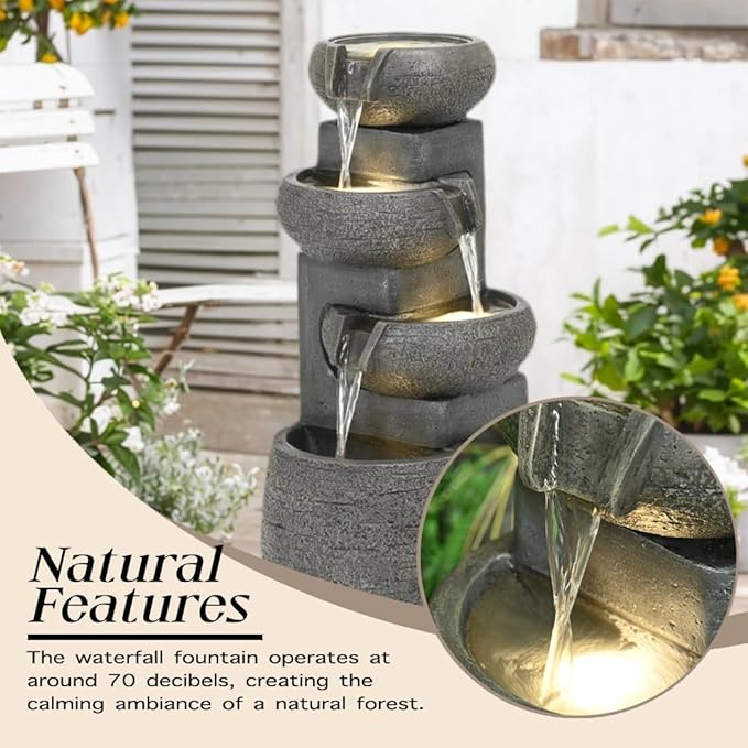 36 Inch Outdoor Waterfall Fountain – 4-Tier Cascading Bowls & Stacked Stones with LED Lights, Brown, Built-in Pump, Calming Water Flow for Garden/Porch/Backyard Landscaping