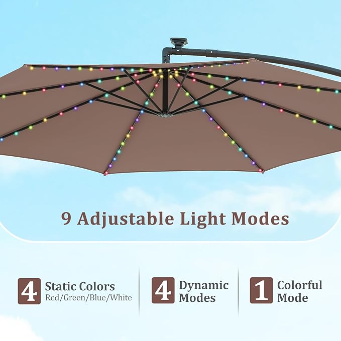 HAPPYGRILL 10 FT Offset Hanging Umbrella with Multi-Colored Flowing LED Lights, 9 Light Modes, Outdoor Patio Cantilever Umbrella with Base, Easy Tilt, 360° Rotation, Crank