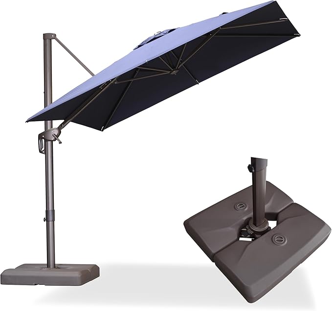 PURPLE LEAF 8' X 8' Cantilever Patio Umbrella with Base Included Antique Bronze Square Umbrella with 360° Rotation and Aluminum Offset Hanging Outdoor Umbrella for Pool Garden Backyard Deck, Navy Blue