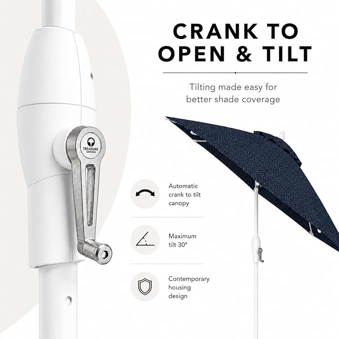 Treasure Garden 9ft Patio Umbrella - Outdoor Furniture Market Umbrella – Deluxe Auto-Tilt – White Aluminum Frame (Sunbrella, Spectrum Indigo)