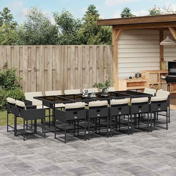 15 Piece Patio Dining Set with Cushions Black Poly Rattan Outdoor Furniture Set for 14 People, Foldable Chairs with Removable Cushion Covers, Tempered Glass Table for Garden Dining and Relaxation