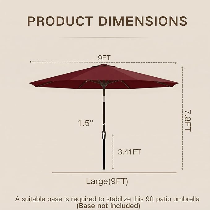 Kingdura 9FT Outdoor Patio Umbrella with Solar Lights, Market Table Umbrella with Push Button Tilt & Crank, 8 Sturdy Ribs, 32 LED Lights, UV Protection for Garden Lawn Deck Backyard Pool (Dark red)
