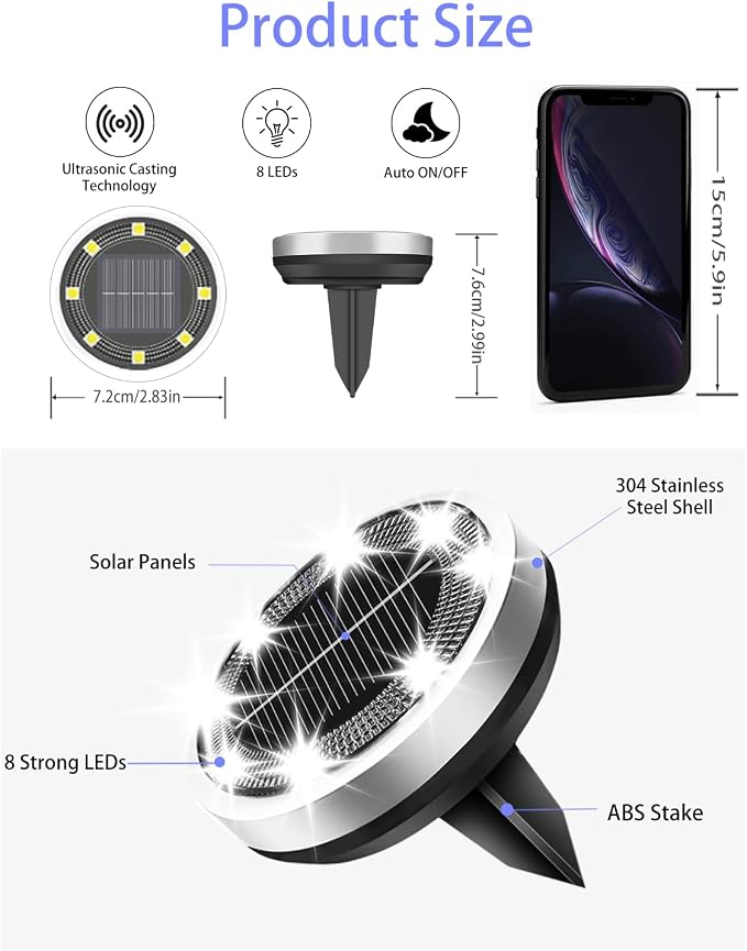 Solar Lights Outdoor Waterproof, 12 Pack 8 LED, Thickened Stainless Steel Ground Light, Solar Garden Lights Landscape Lighting for Patio Pathway Lawn Yard Deck Driveway Walkway, Cool White