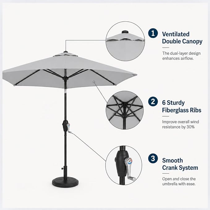 7.5ft Patio Umbrella, Outdoor Table Market Umbrella with Smooth Crank Lift, 6 Windproof Fiberglass Ribs, UPF50+ UV Protection for Deck, Pool, Garden and Backyard